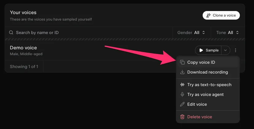 Copy a custom voice ID in the xAI portal