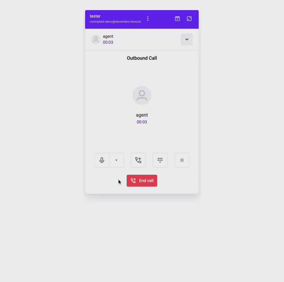 Active Voximplant browser call connected to the ElevenLabs agent