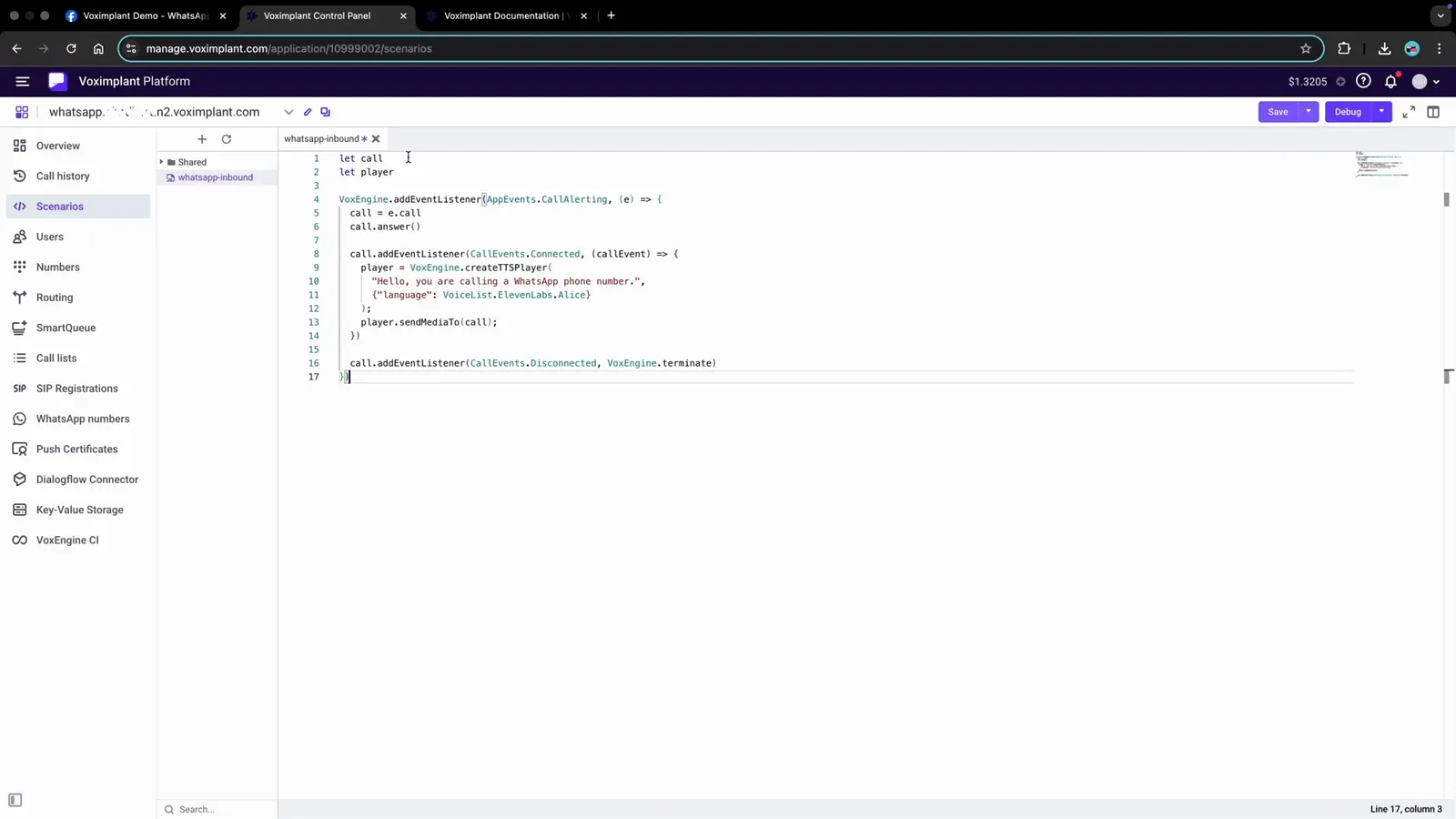 WhatsApp inbound scenario code