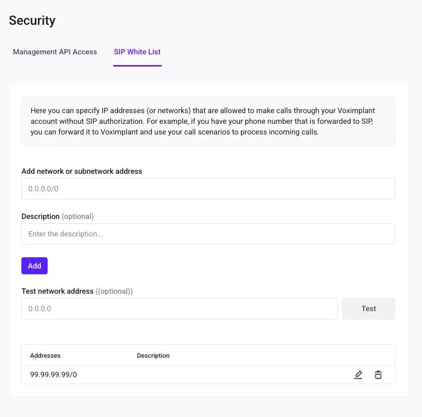 SIP White List in Security settings
