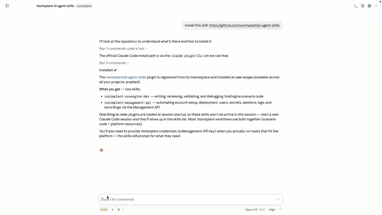 Claude Code confirming that the Voximplant plugin and its two skills are installed