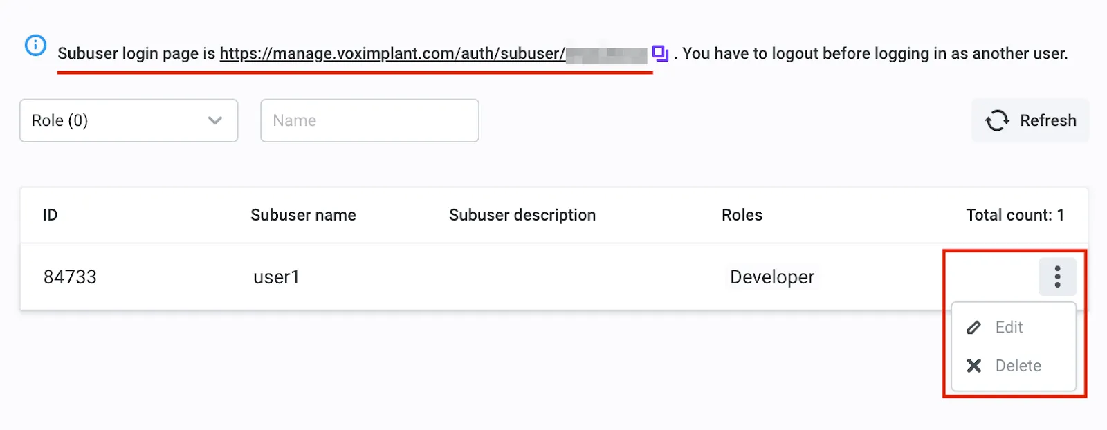 Subuser login link