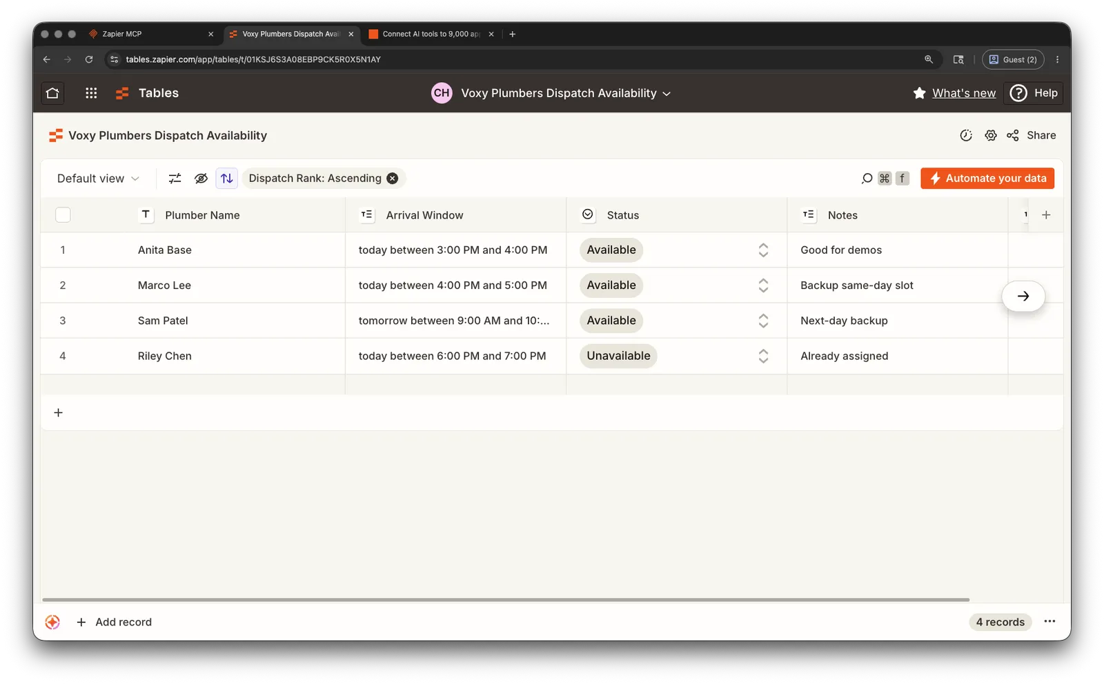 Zapier Tables dispatch availability table
