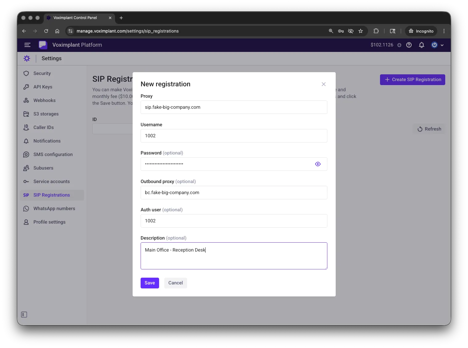 Add SIP registration in manage.voximplant.com